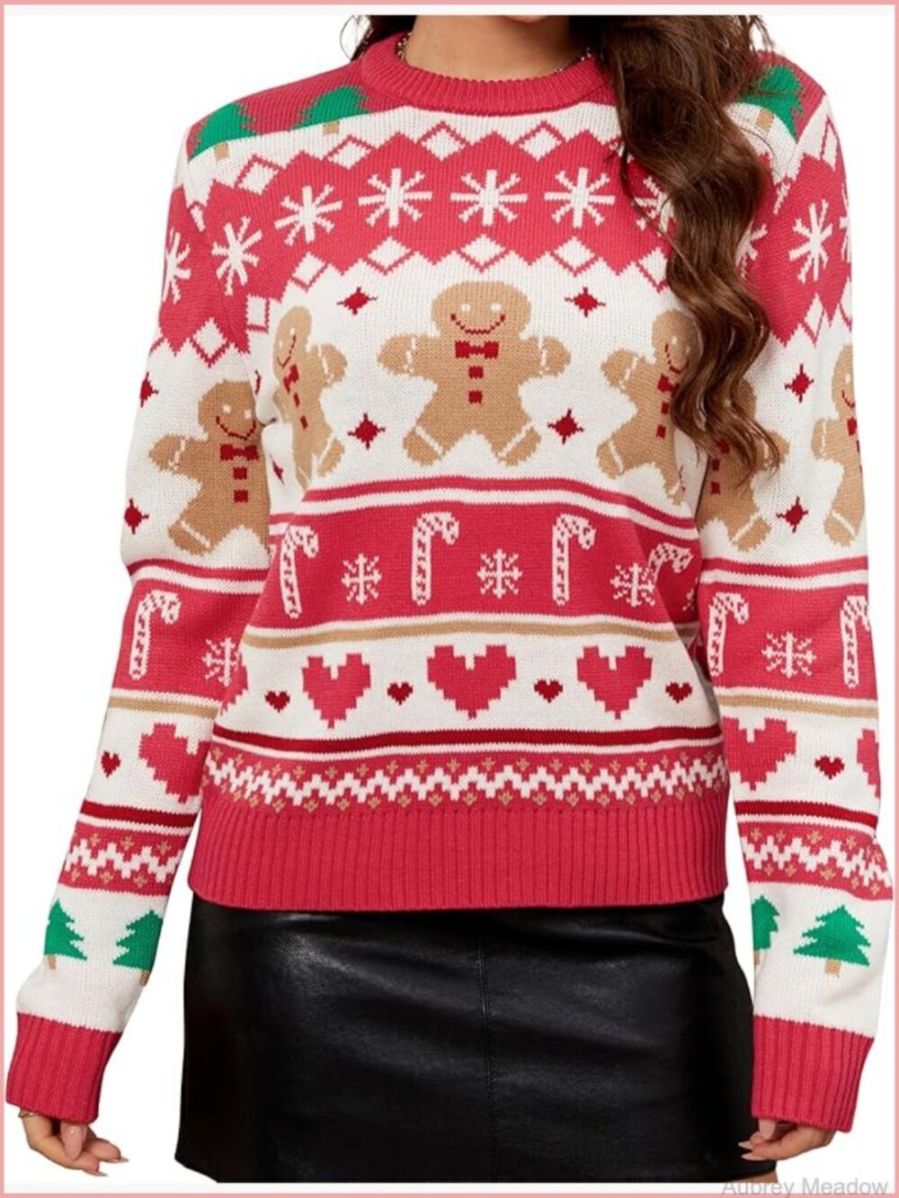 Ugly Christmas Sweater - Funny Fuzzy Knitted Pullover Pink Gingerbread Man Large